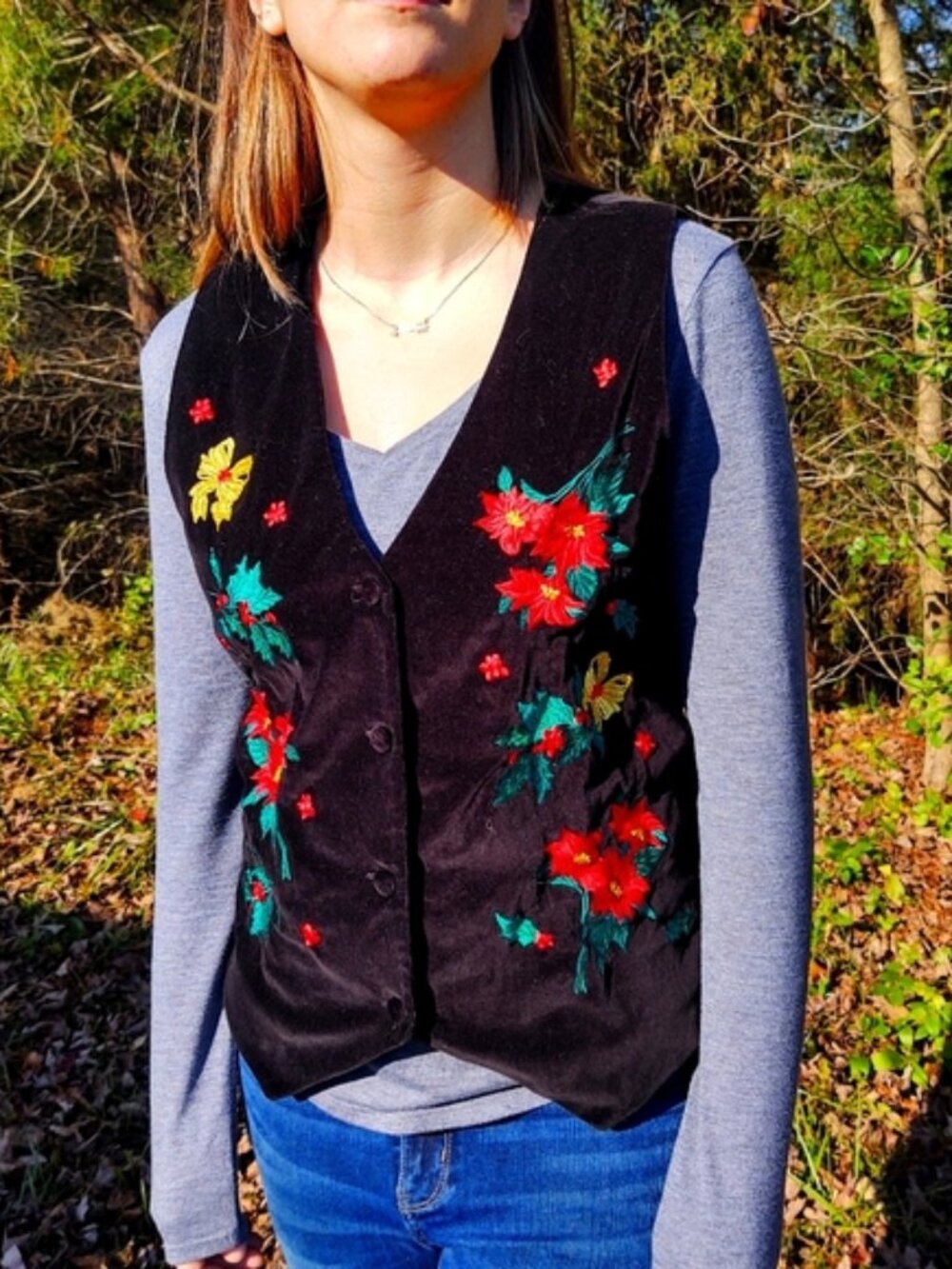Vintage Christmas Poinsettia & Holly Embroidered Vest Westbound Petites Lg